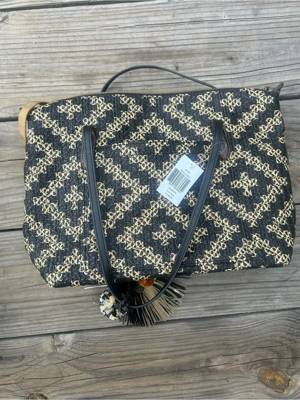 ERIC JAVITS Woven Black Tan Geometric Tote Bag NWT